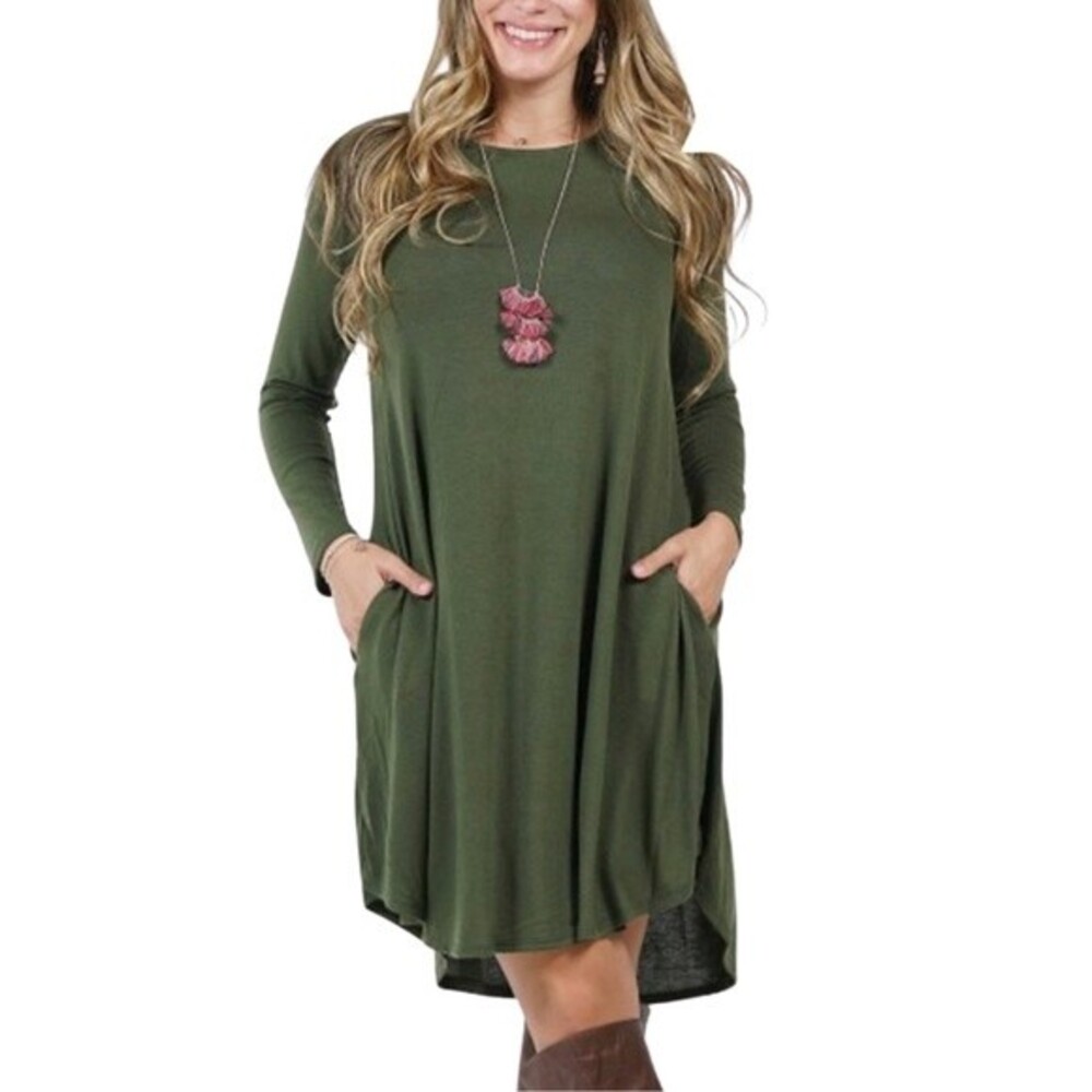 Long sleeve army green swing dress with pockets size small